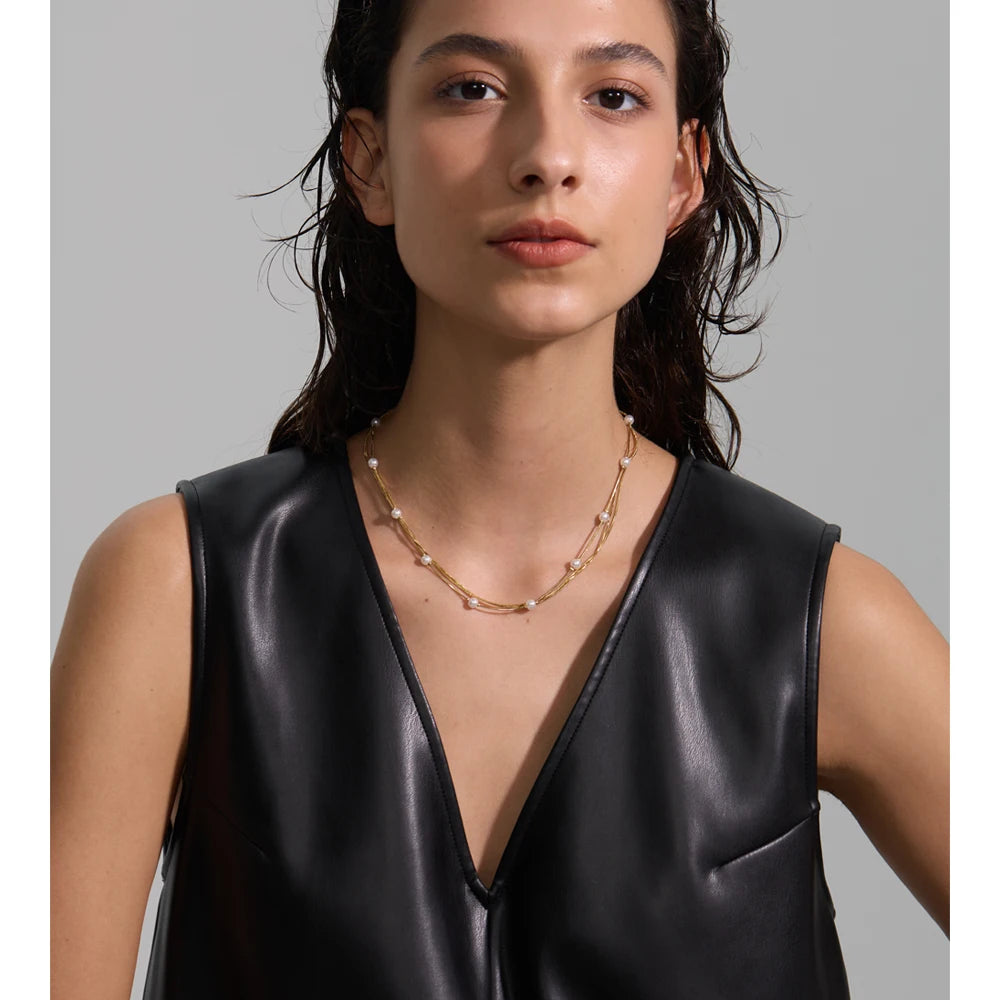 Collar de capas con perlas de imitación y cadena de acero inoxidable
