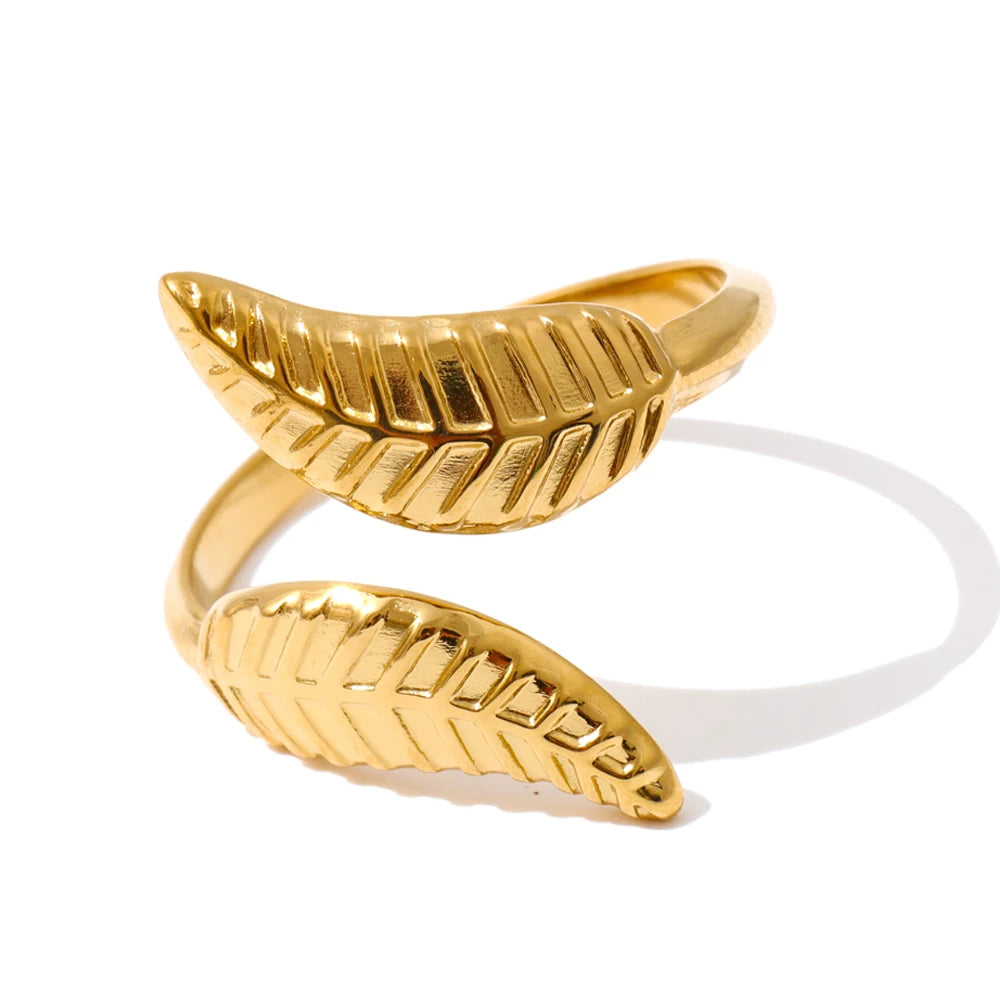Anillo ajustable con diseño de hoja en acero inoxidable