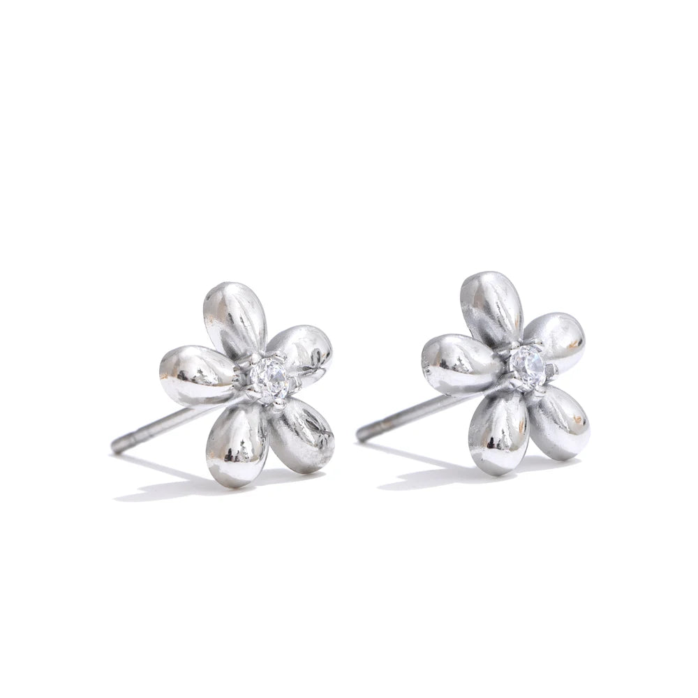 Pendientes de flor con circonitas en acero inoxidable