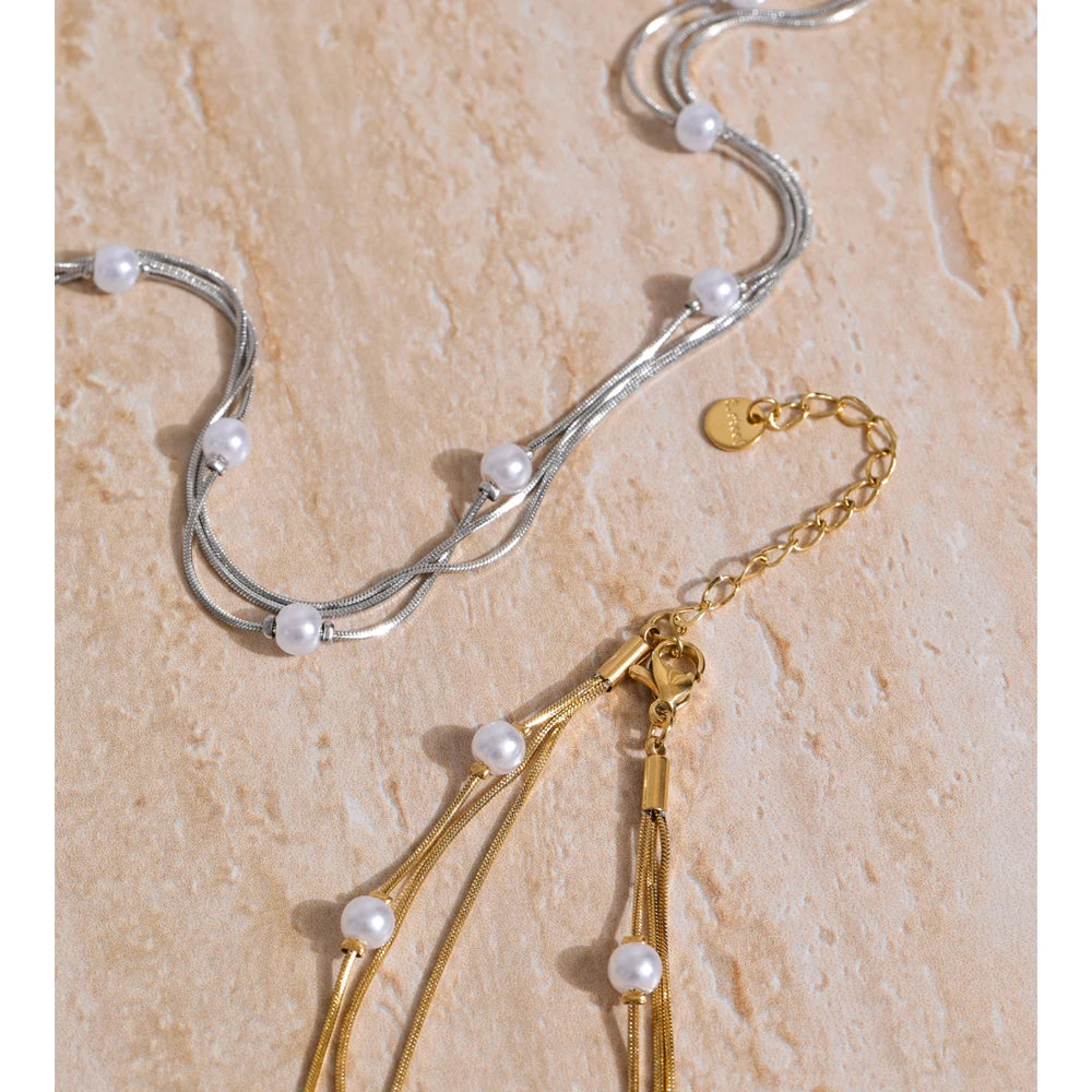 Collar de capas con perlas de imitación y cadena de acero inoxidable