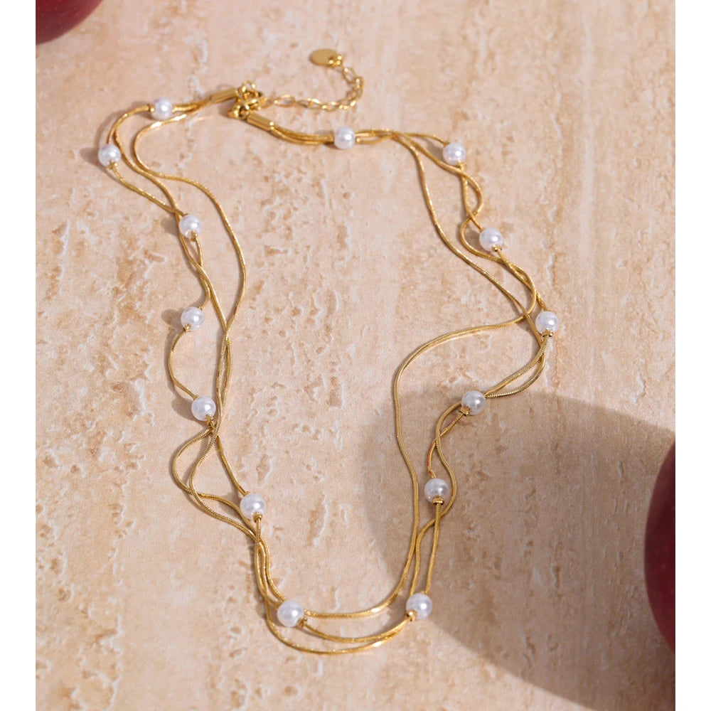 Collar de capas con perlas de imitación y cadena de acero inoxidable