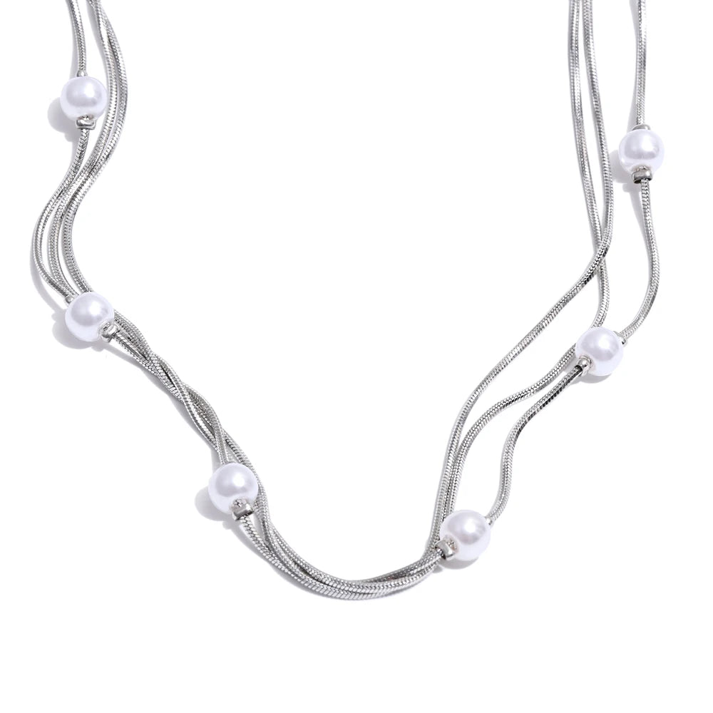 Collar de capas con perlas de imitación y cadena de acero inoxidable