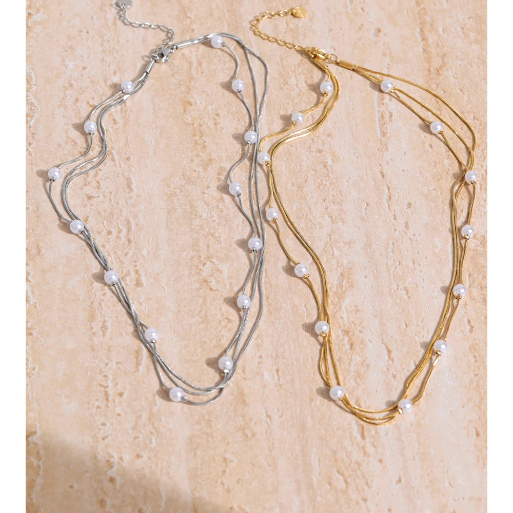 Collar de capas con perlas de imitación y cadena de acero inoxidable