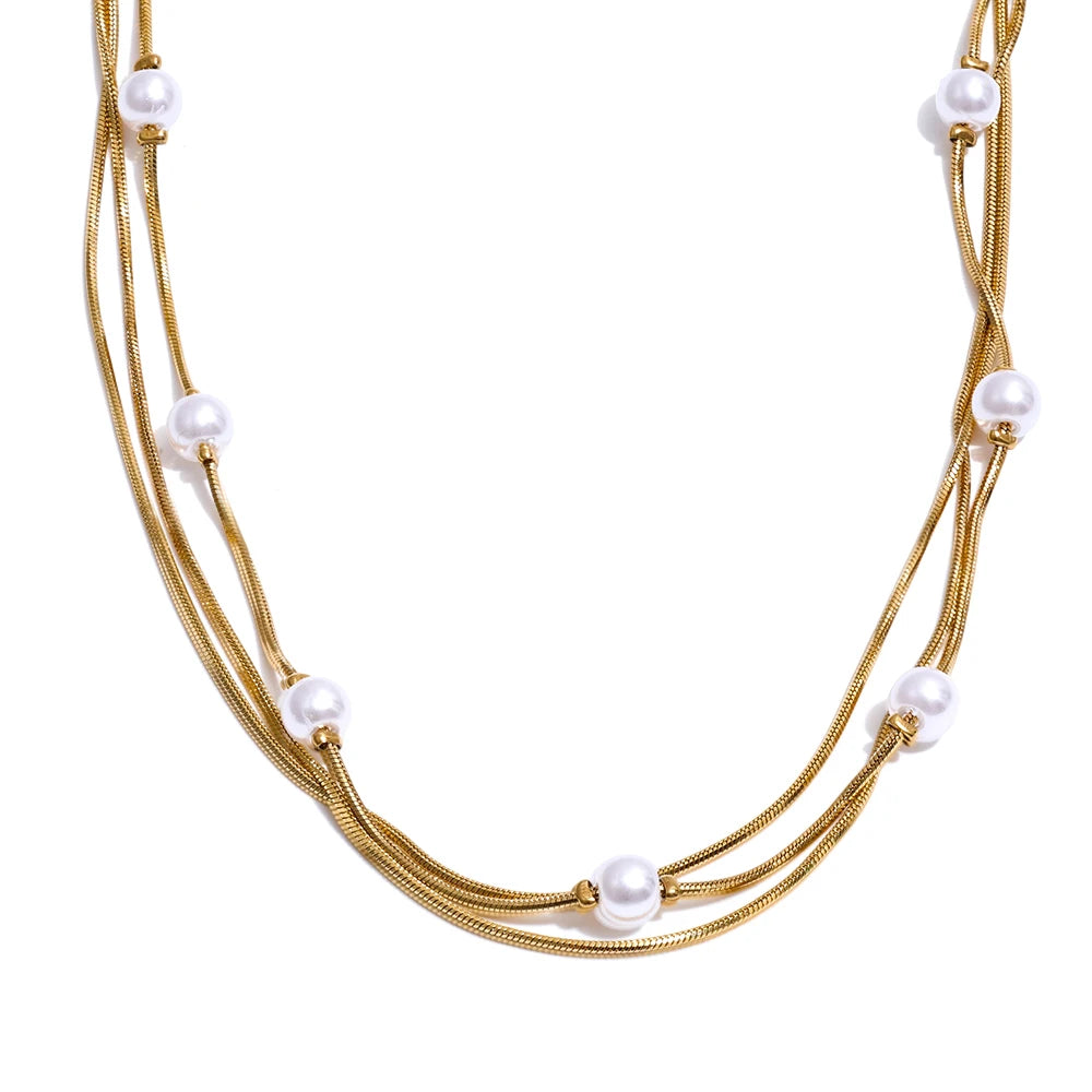 Collar de capas con perlas de imitación y cadena de acero inoxidable