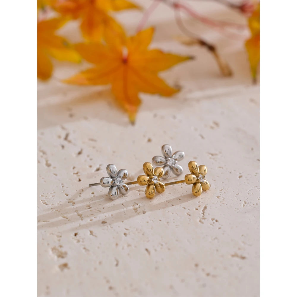 Pendientes de flor con circonitas en acero inoxidable